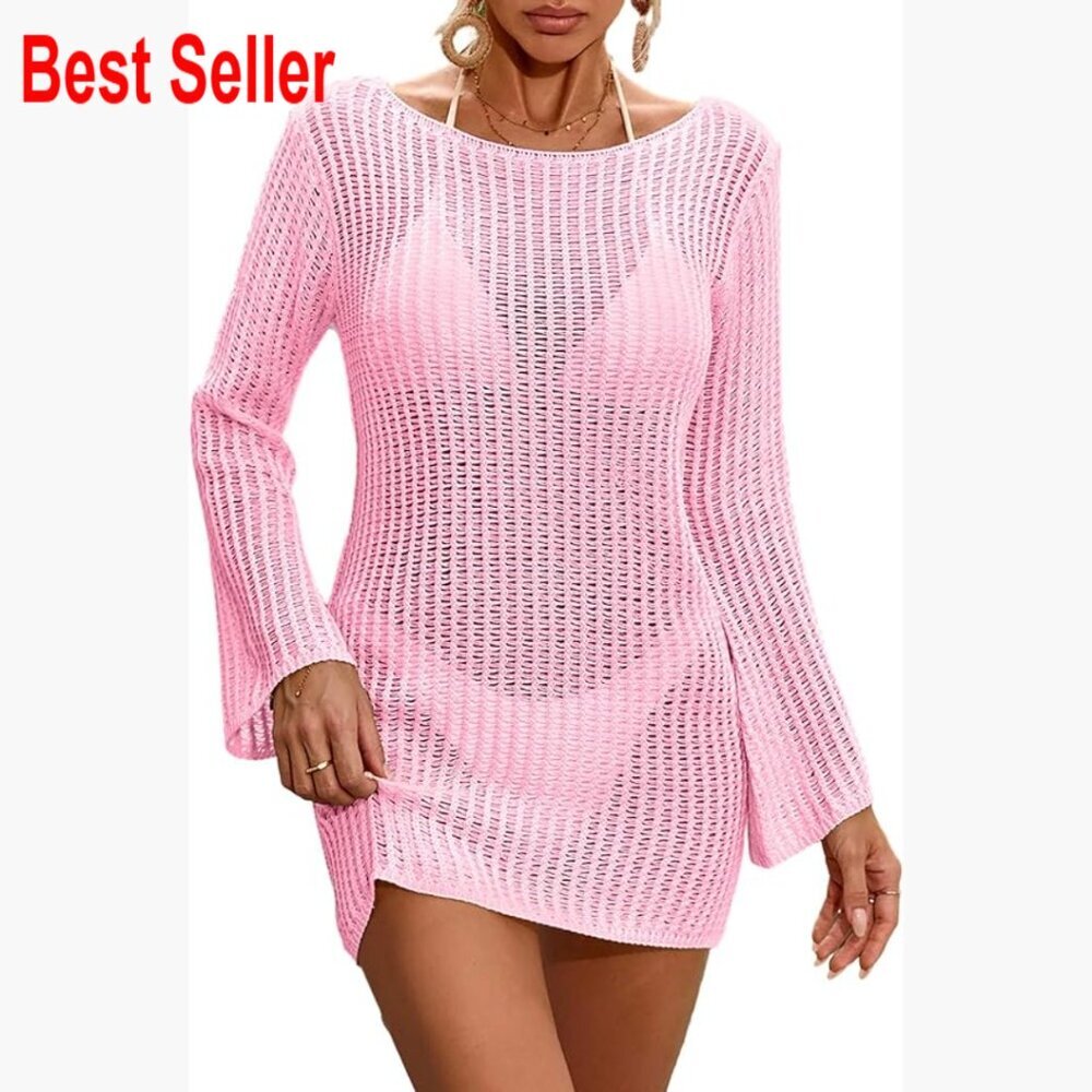 Crochet Knit Swimsuit Coverup Beach Dress Long Bell Sleeve Boat Neck
